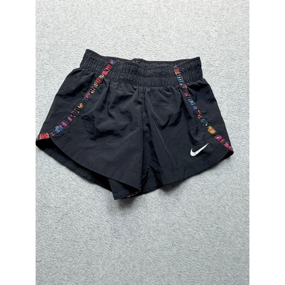 Nike Girls Dri-FIT Running Shorts Black Multi Color Trim Athletic Size Large